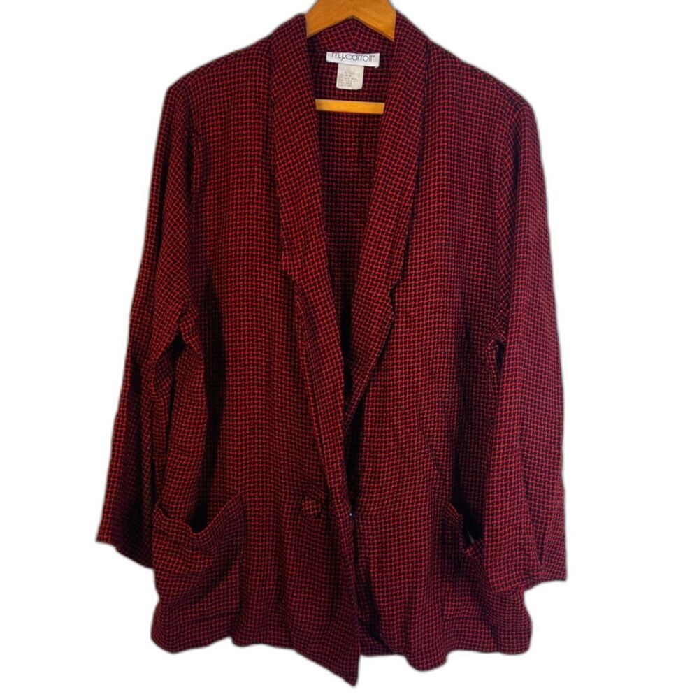 MJ Carroll VTG Red‎ Houndstooth Boyfriend Blazer Size Large USA Made Academia